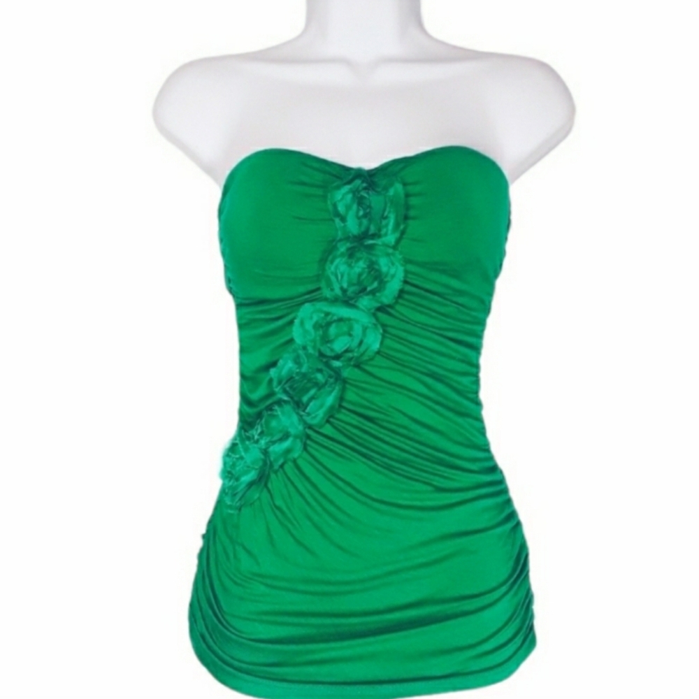 RUBICON Green Rose Floral Ruched Strapless Stretchy Top Small NWT